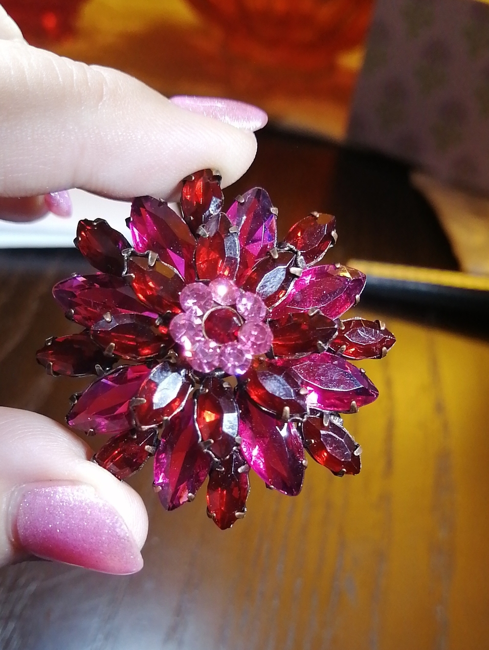 Pink & Red Rhinestones Flower Vintage Mid Century Brooch